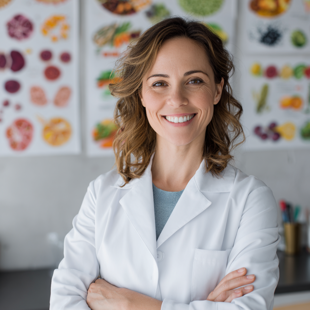 Smiling middle-aged European woman in comfortable sleepwear holding a healthy meal, photographed in soft natural lighting with a cozy bedroom background