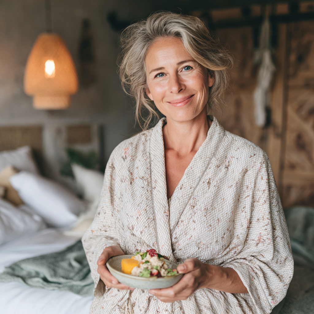 Smiling European nutritionist aged 35-40 showing a personalized meal plan to a client in a bright, modern consultation room with healthy food elements visible